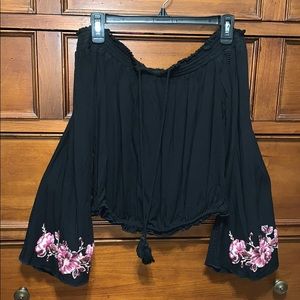Black off the shoulder top with floral sleeves